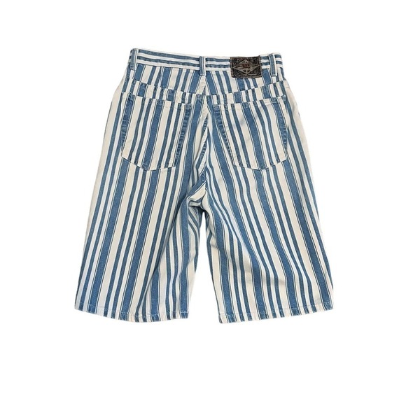Vintage 90s Express High Rise Mom Blue Striped Knee Length Shorts Size 9/10 - Picture 2 of 9